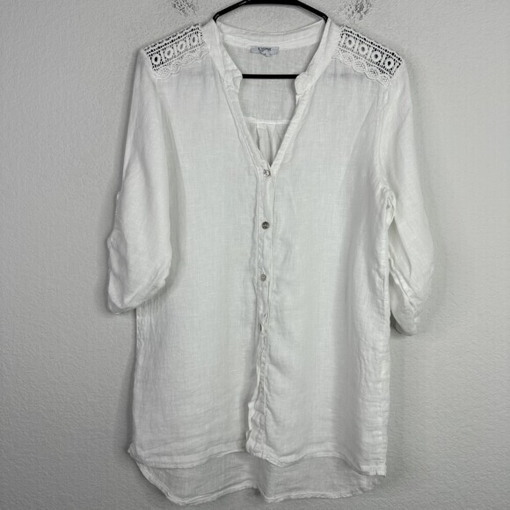 Rosemarine Shirt Womens Small White Linen Crochet Lace Button Boho Beachy Blouse